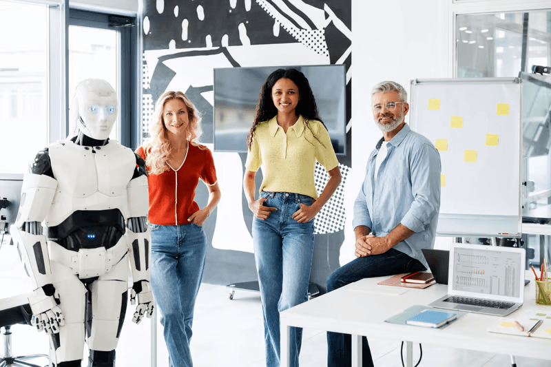 AI agent robotics and engineering team reviewing technical operations