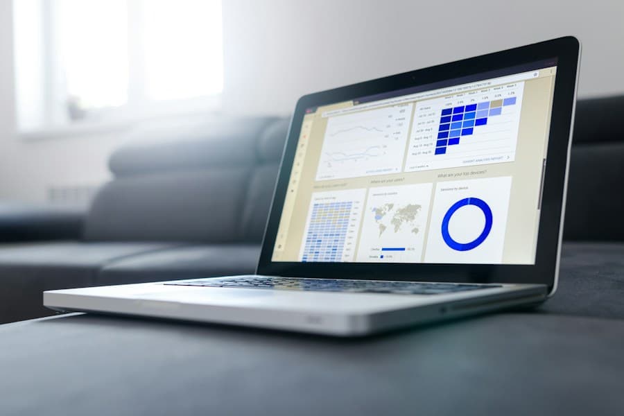 Laptop displaying analytics graphs and charts