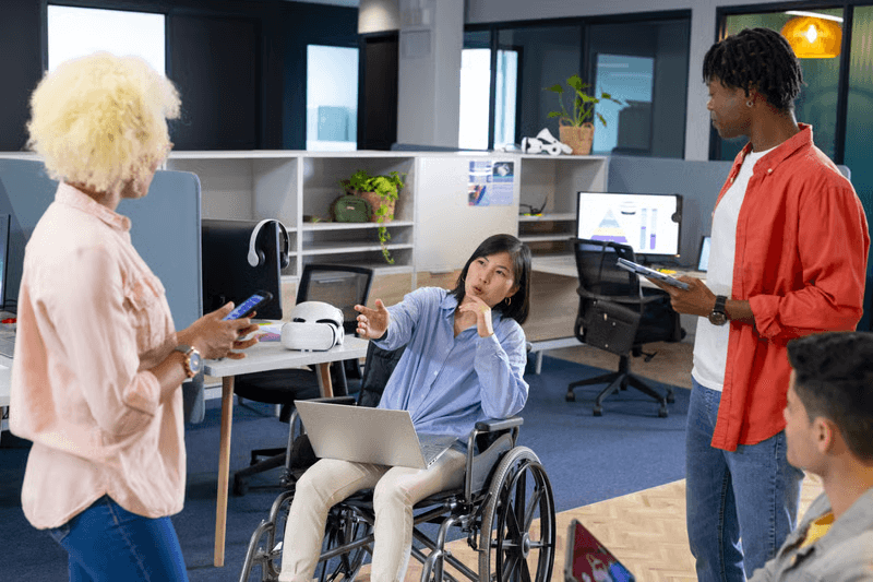 Inclusive team discussions in an accessible office environment