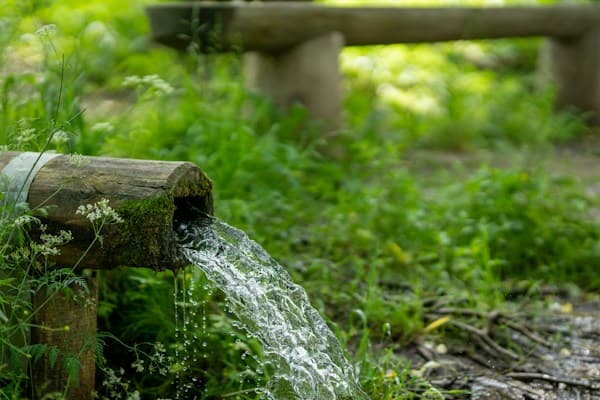 Spring water stream flowing from wooden pipe