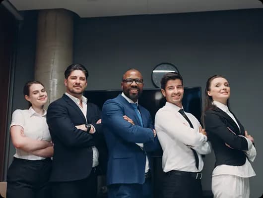 Five colleagues standing in a row with arms crossed